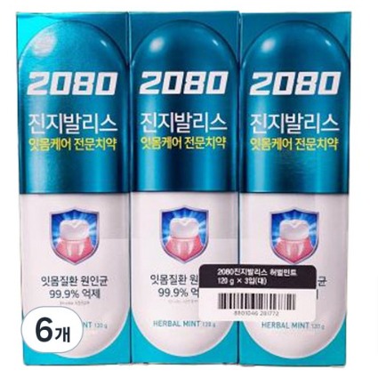 2080 진지발리스 치약 허벌민트향 120g, 6개