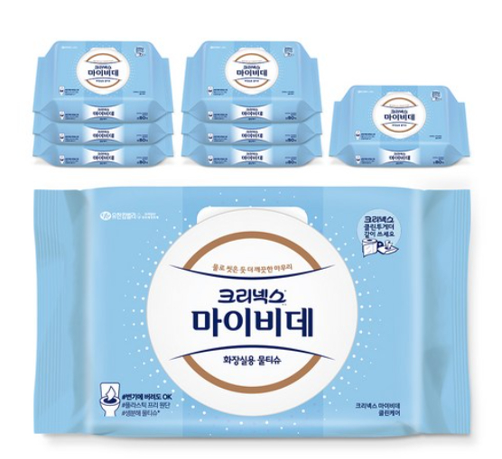 마이비데 클린케어 화장실용 물티슈 캡형, 80매, 8개